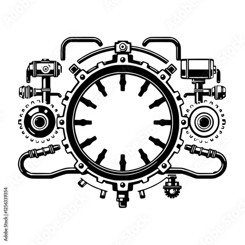 A Steampunk-inspired clock mechanism with an open core, incorporating gears, pipes, and a circular design.