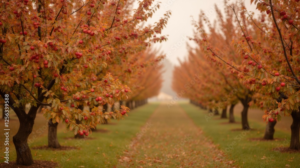 Serene Apple Orchard Pathway During Autumn Fog in Golden Colors Serene Apple Orchard Pathway During Autumn Fog in Golden Colors