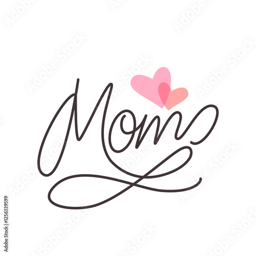 Mother's day greeting card. two hearts drawn with one line with the word mom. vector illustration on white background