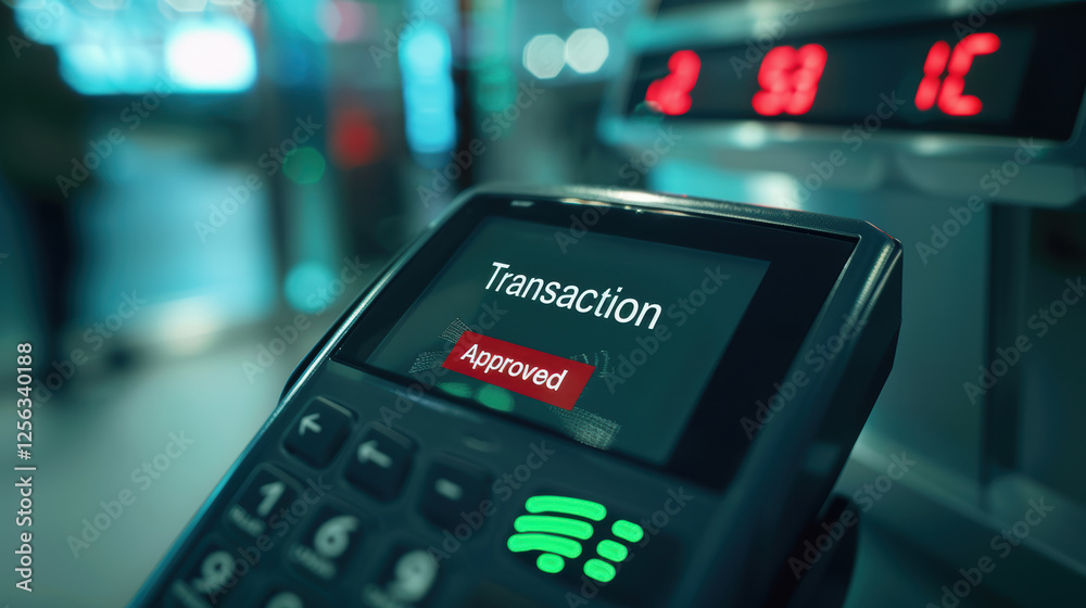 Obraz premium Contactless Payment Terminal Displaying Approved Transaction in Modern Minimalist Design