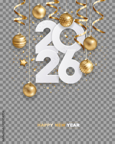 Happy new year 2026. White paper numbers with golden Christmas decoration and confetti, isolated on transparent background. Holiday greeting card design.
