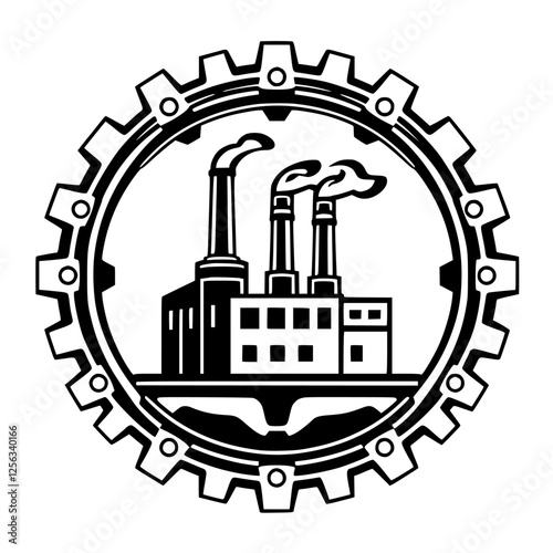 Industrial emblem of a factory framed by a cogwheel.