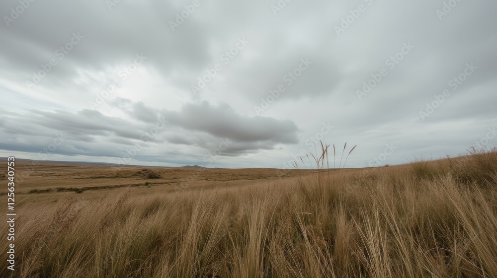 Serene Landscape of Golden Grass Under Overcast Sky in Full View Serene Landscape of Golden Grass Under Overcast Sky in Full View