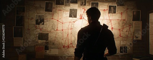 Detective analyzing evidence board in dark room. Man examining crime scene photos and red string connections. Murder investigation concept. Police procedural scene.