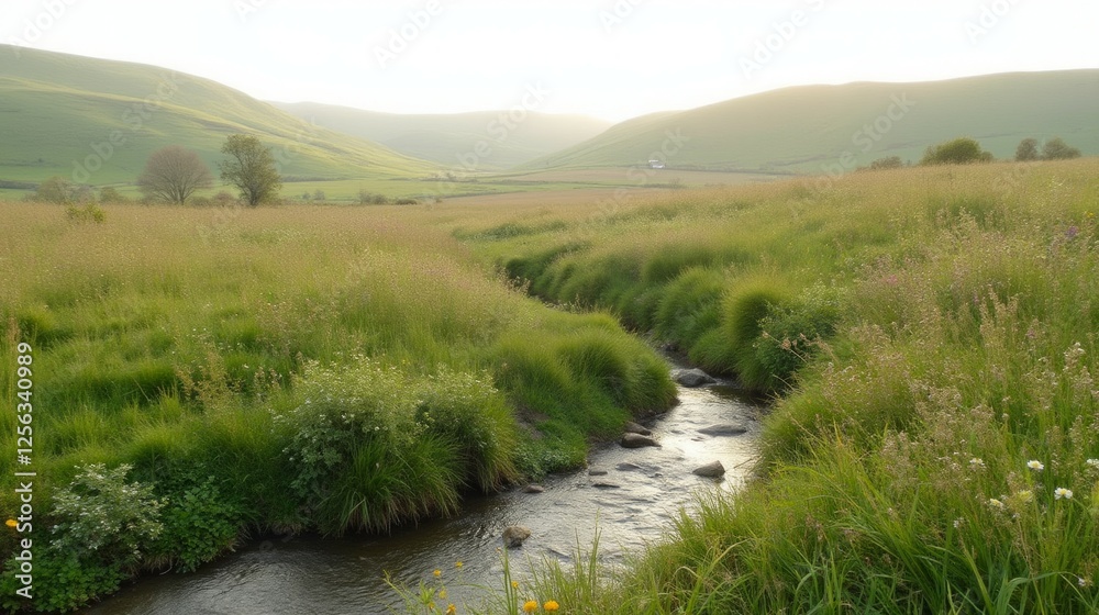 Serene Landscape with Stream and Lush Green Meadows at Sunset Serene Landscape with Stream and Lush Green Meadows at Sunset
