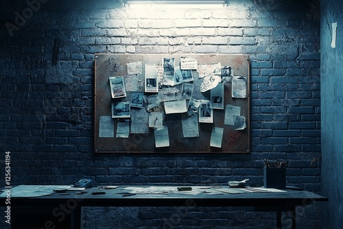 Detective's investigation board with clues and evidence in dark room. Crime solving, police work concept. Moody lighting on brick wall background.
