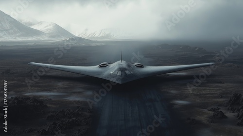 A stealth bomber flying low over rugged terrain, casting a long shadow