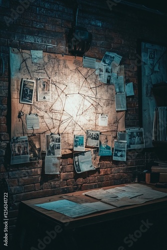 Detective's investigation board with photos, maps, and notes in dark room. Crime solving wall for police case. Mystery thriller evidence collection setup.