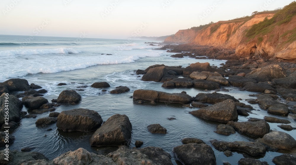 Tranquil Ocean Waves Crashing on Rocky Shoreline at Golden Hour