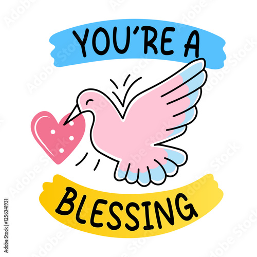 A flat sticker of flying bird with you are blessing typography