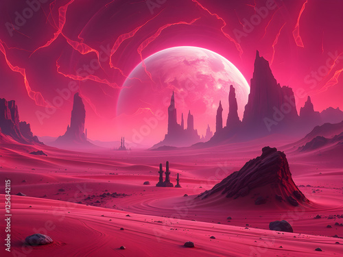Wallpaper Mural A barren desert planet with crimson sands, massive rock spires, and a storm of swirling neon winds. Torontodigital.ca