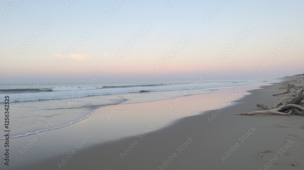 Serene Beach at Sunset with Gentle Waves and Soft Sand Serene Beach at Sunset with Gentle Waves and Soft Sand