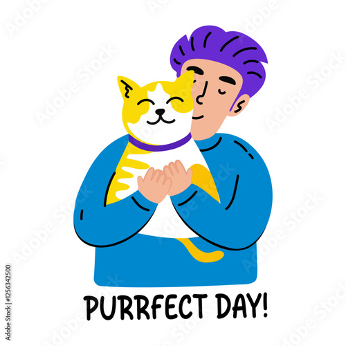 Pet lover flat sticker with purrfect day typography