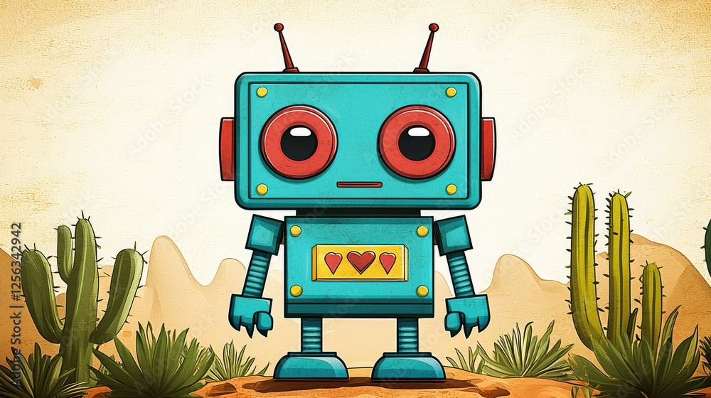 Fototapeta premium Retro Robot Stands in a Desert Landscape