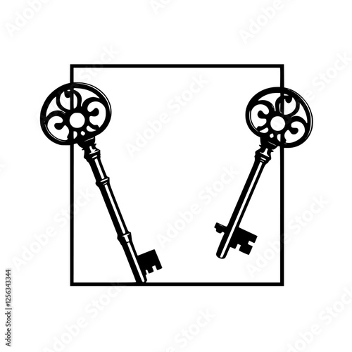 Two antique skeleton keys angled within a square outline, with a classic art deco style.