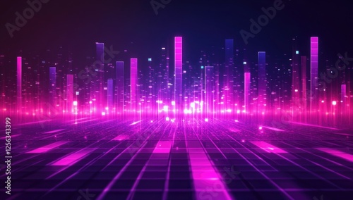 Bright, colorful light waves rise and fall in a digital environment filled with vivid hues. The setting creates a lively atmosphere reminiscent of a music festival, with dynamic patterns.