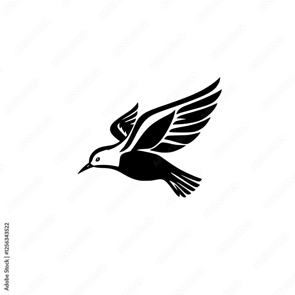 Fototapeta premium Silhouette of a bird in mid-flight, captured in black and white, minimalist and illustrative, against a plain white background.