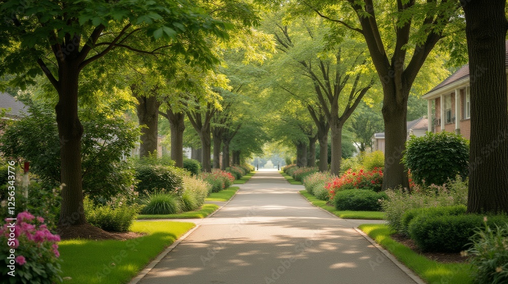 Lush Tree-Lined Street with Vibrant Flowers in Residential Neighborhood Lush Tree-Lined Street with Vibrant Flowers in Residential Neighborhood