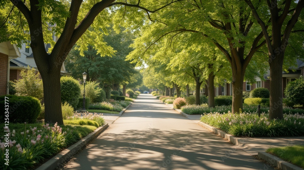 Obraz premium Serene Tree-Lined Street with Blooming Flowers and Soft Sunlight