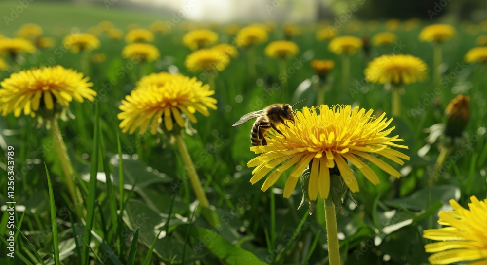 Bee pollinating vibrant yellow dandelions in lush green field Bee pollinating vibrant yellow dandelions in lush green field