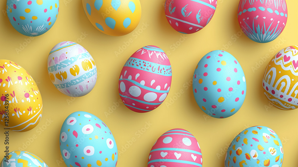 Pattern of colorful painted Easter eggs on yellow background. Easter decorations and Easter egg hunt celebration. Pattern of colorful painted Easter eggs on yellow background. Easter decorations and Easter egg hunt celebration.