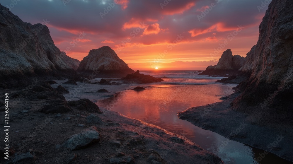 Obraz premium Stunning Sunset Over Serene Shoreline with Majestic Rock Formations