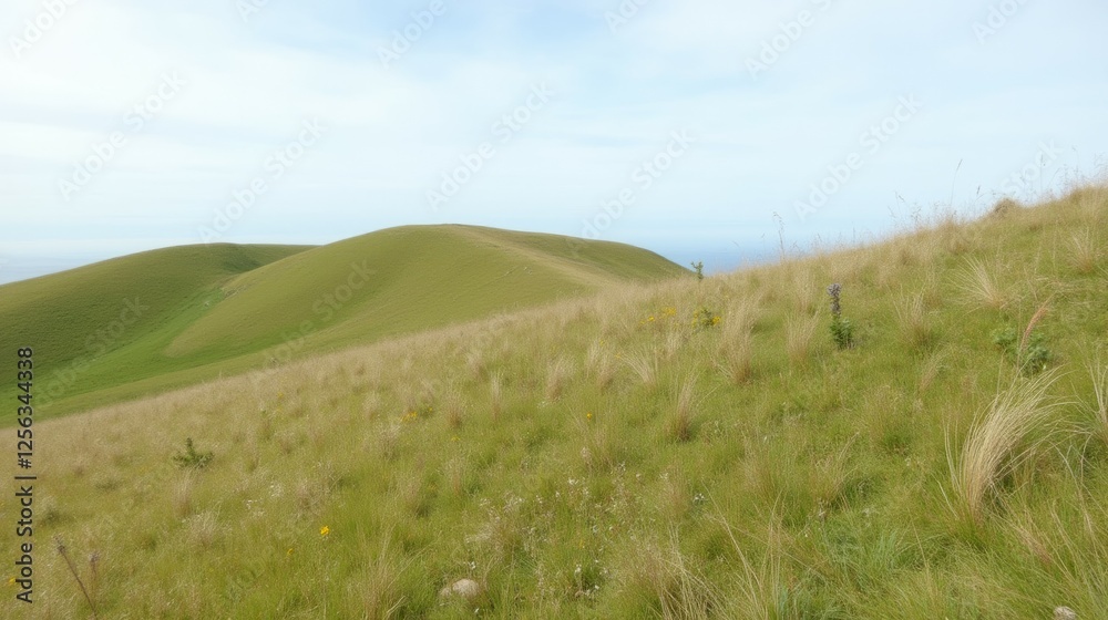 Lush Green Hills Under Blue Sky with Gentle Breeze and Calm Atmosphere Lush Green Hills Under Blue Sky with Gentle Breeze and Calm Atmosphere