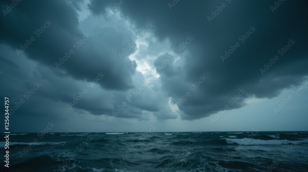 Dramatic Dark Clouds Over Turbulent Ocean Waves at Dusk Dramatic Dark Clouds Over Turbulent Ocean Waves at Dusk