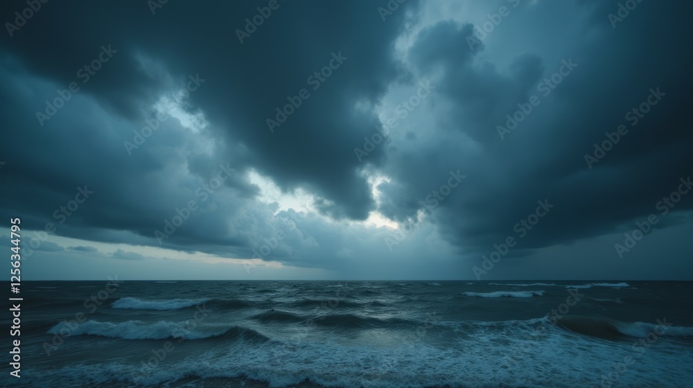 Obraz premium Dark Clouds Over Ocean Waves at Dusk with Moody Atmosphere