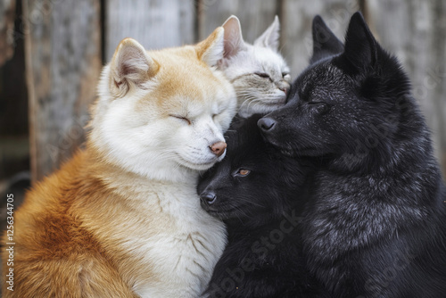Four adorable dogs and cats cuddle together in a cozy arrangement outdoors during a serene afternoon. Generative AI