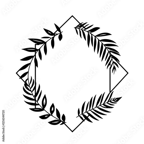 Elegant minimalist design featuring a black diamond-shaped frame decorated with botanic plant leaves.
