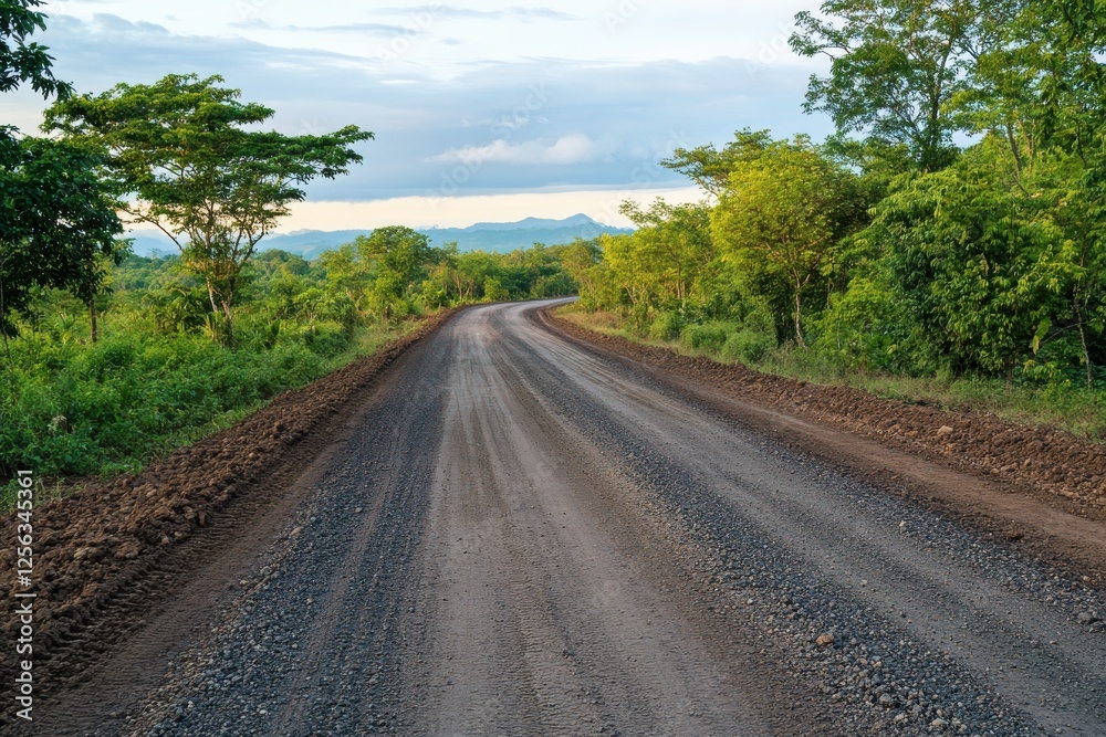 Fototapeta premium Landscape of gravel road in countryside with meadow. Road in rainy season