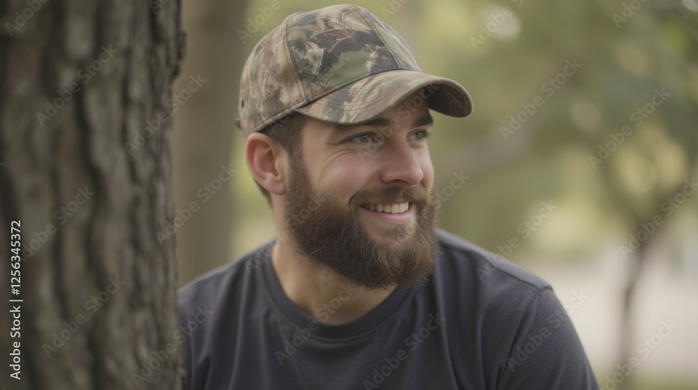 Smiling Man in Camouflage Hat Posing Outdoors by a Tree Smiling Man in Camouflage Hat Posing Outdoors by a Tree