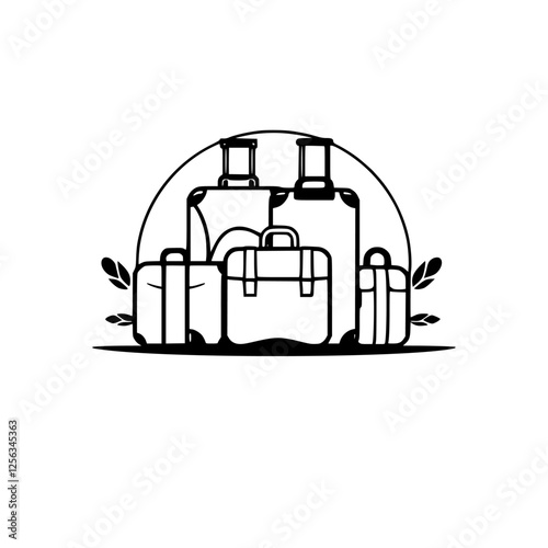 Suitcase ensemble: Black and white outline illustration of travel luggage, implying vacations, journey, and travel.