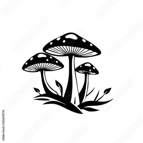 Black and White Minimalist Mushroom Cluster: Illustration with Three Distinct Mushrooms Growing