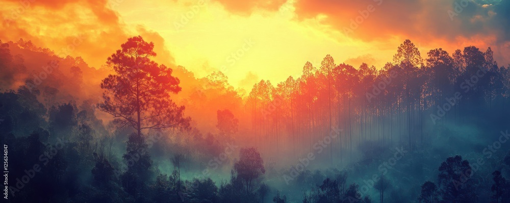 Majestic sunset over misty forest with silhouetted trees and vibrant sky Majestic sunset over misty forest with silhouetted trees and vibrant sky