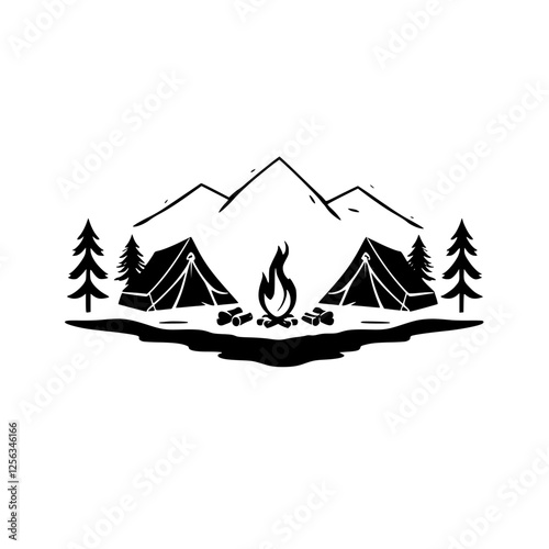 Camping: A minimalist black and white illustration showing tents, mountains, and a bonfire.