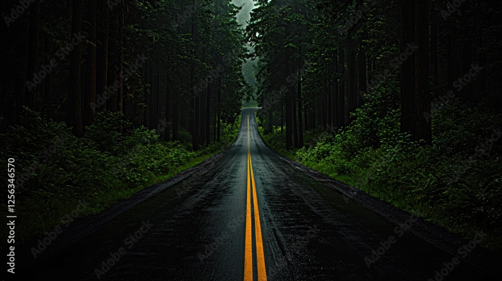 Obraz premium Dark Forest Road Winding Through Tall Trees