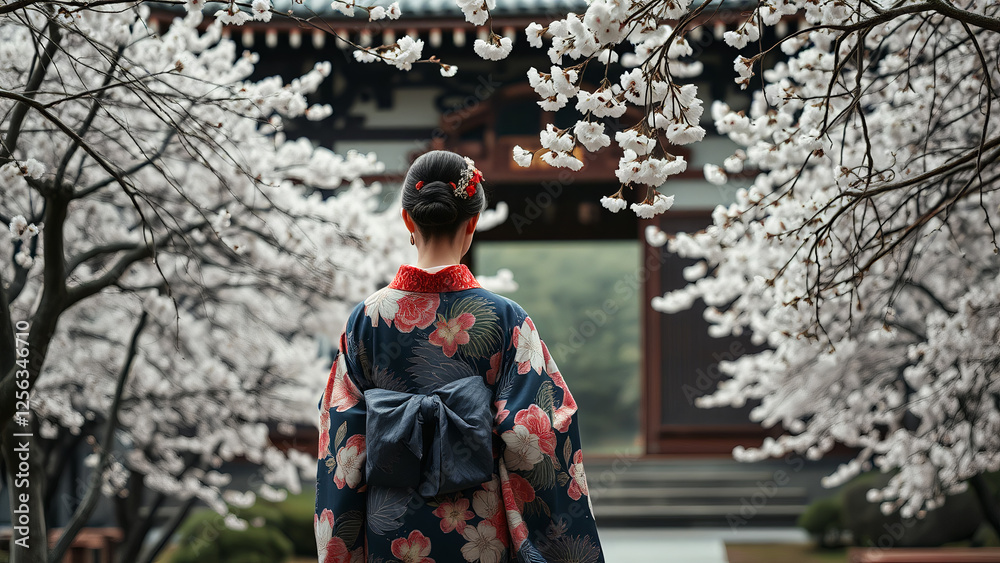 Fototapeta premium Japanese Woman in a Traditional Kimono A Japanese woman dressed in an elegant kimono, walking through a historic temple garden in Kyoto.