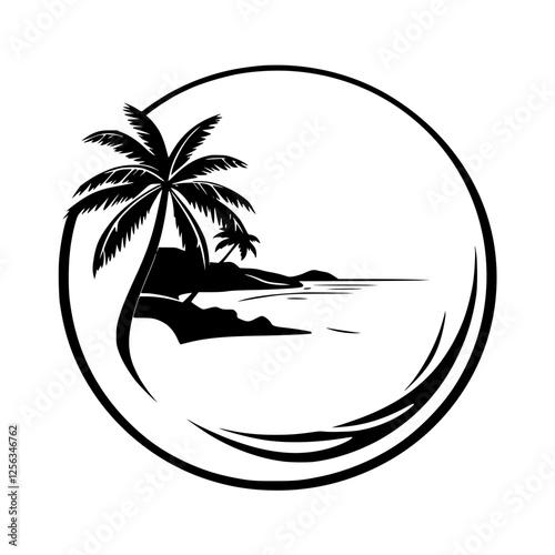 Tropical beach scene featuring palm tree silhouettes, set inside a circle, portraying a tranquil and inviting mood.