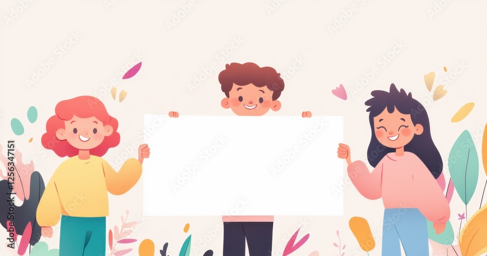 Children holding a blank banner with space for text, a cartoon illustration of happy kids standing behind a white board sign on an isolated background, simple doodle clip art Generative AI