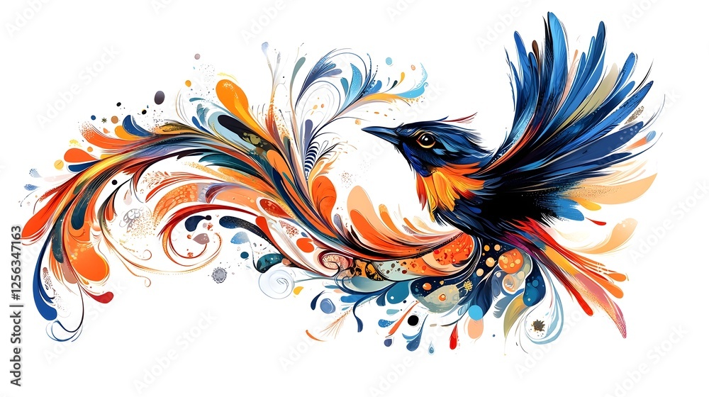 Obraz premium Vibrant Mythical Phoenix Bird with Fiery Feathers and Swirling Movements
