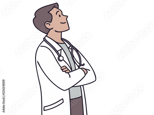 A male doctor wearing a white coat and stethoscope around his neck, standing confidently with arms crossed, isolated on white background.
