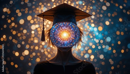 Ampoule lumineuse éclatante coiffée d'un chapeau de graduation, concept d'apprentissage et d'éducation
