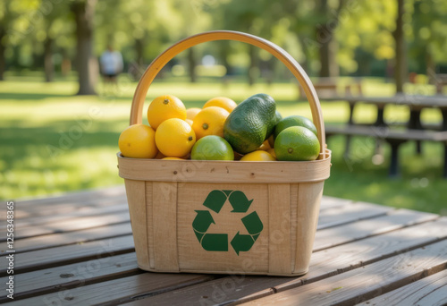 Una canasta de frutas ecológica con un emblema de reciclaje verde, con limones, aguacates y limas frescos de granja, sentada en una mesa de picnic en un parque soleado
