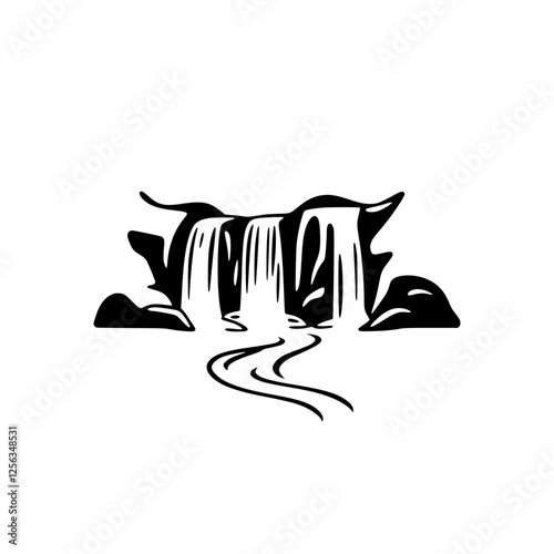 Black and white minimalist illustration of a waterfall, with cascading water and a meandering river.