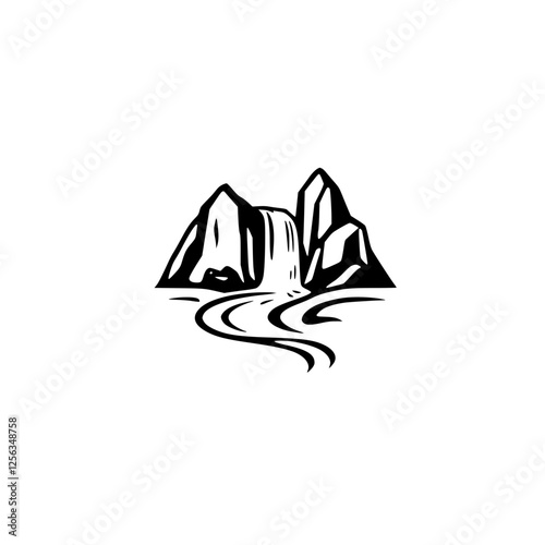Black and White Waterfall Scene, Abstract Landscape of Mountains and a River, Minimalist Design.