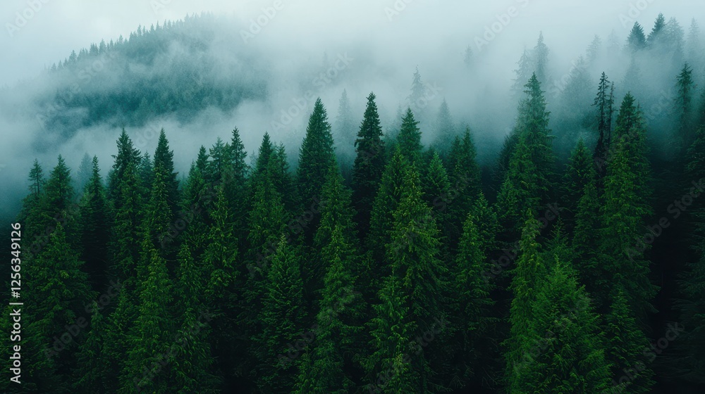 Fototapeta premium Lush green coniferous forest shrouded in mist, creating a serene and mysterious atmosphere in nature.