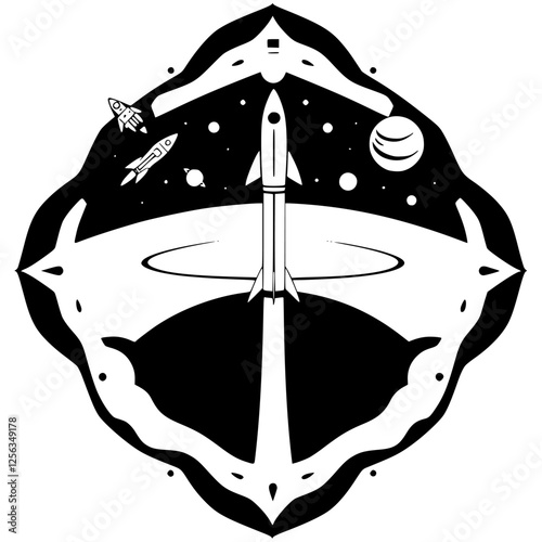 **Art Deco Spaceflight: Rocket Ascent Amidst Nebulous Cosmos and Flying Rockets, Simplified Style.**