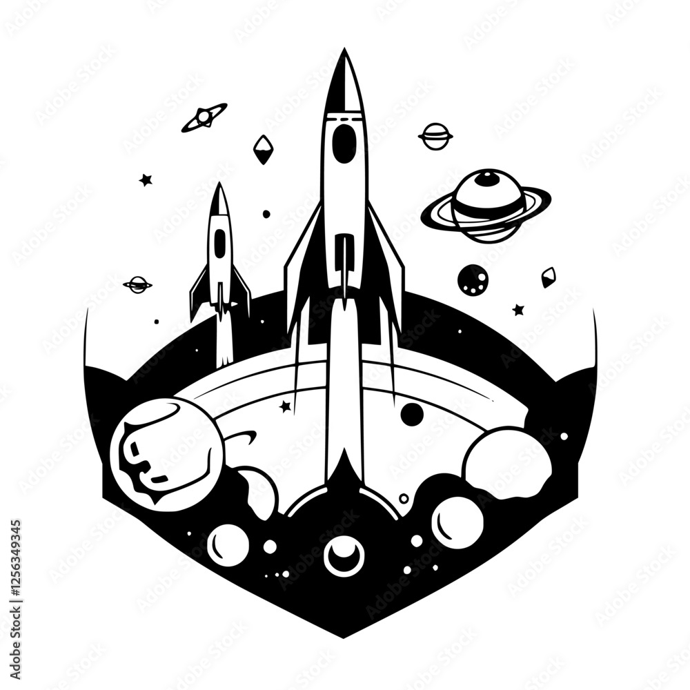 Obraz premium A dynamic vector illustration of two rockets soaring through space with planets.